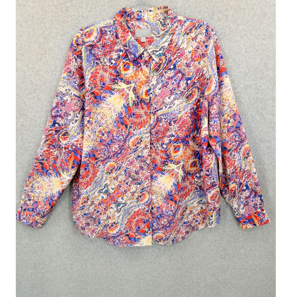 Pure Collection Blouse Women 14/16 Multicolor Silk Paisley Long Sleeve Button Up